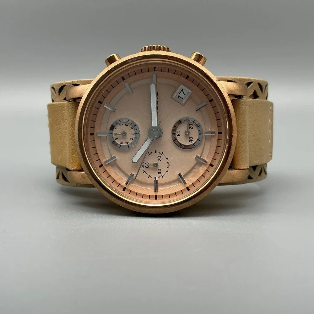 Fossil Womens Watch 38mm Rose Gold Tone Leather Chronograph Date New Battery